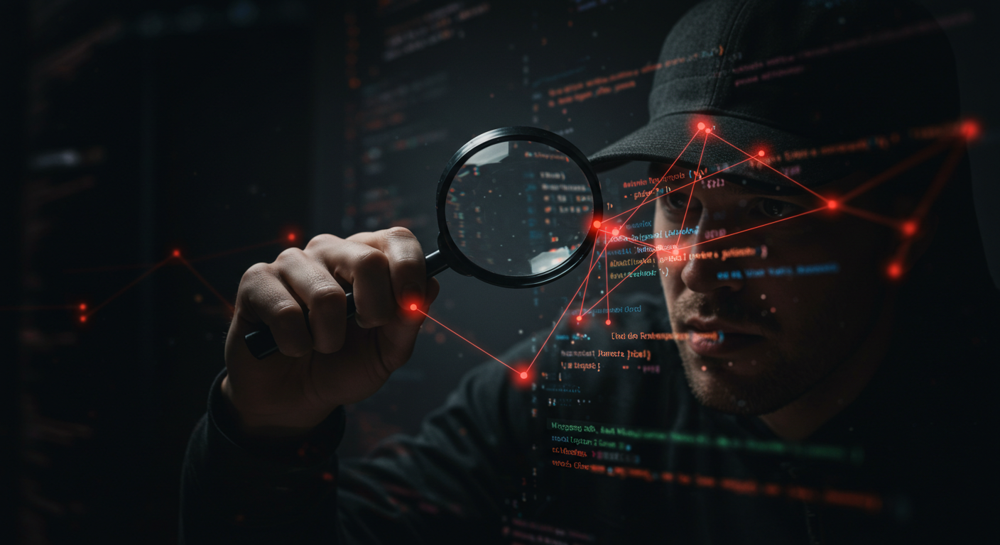 A developer depicted as a detective, analyzing code to hunt for bugs.